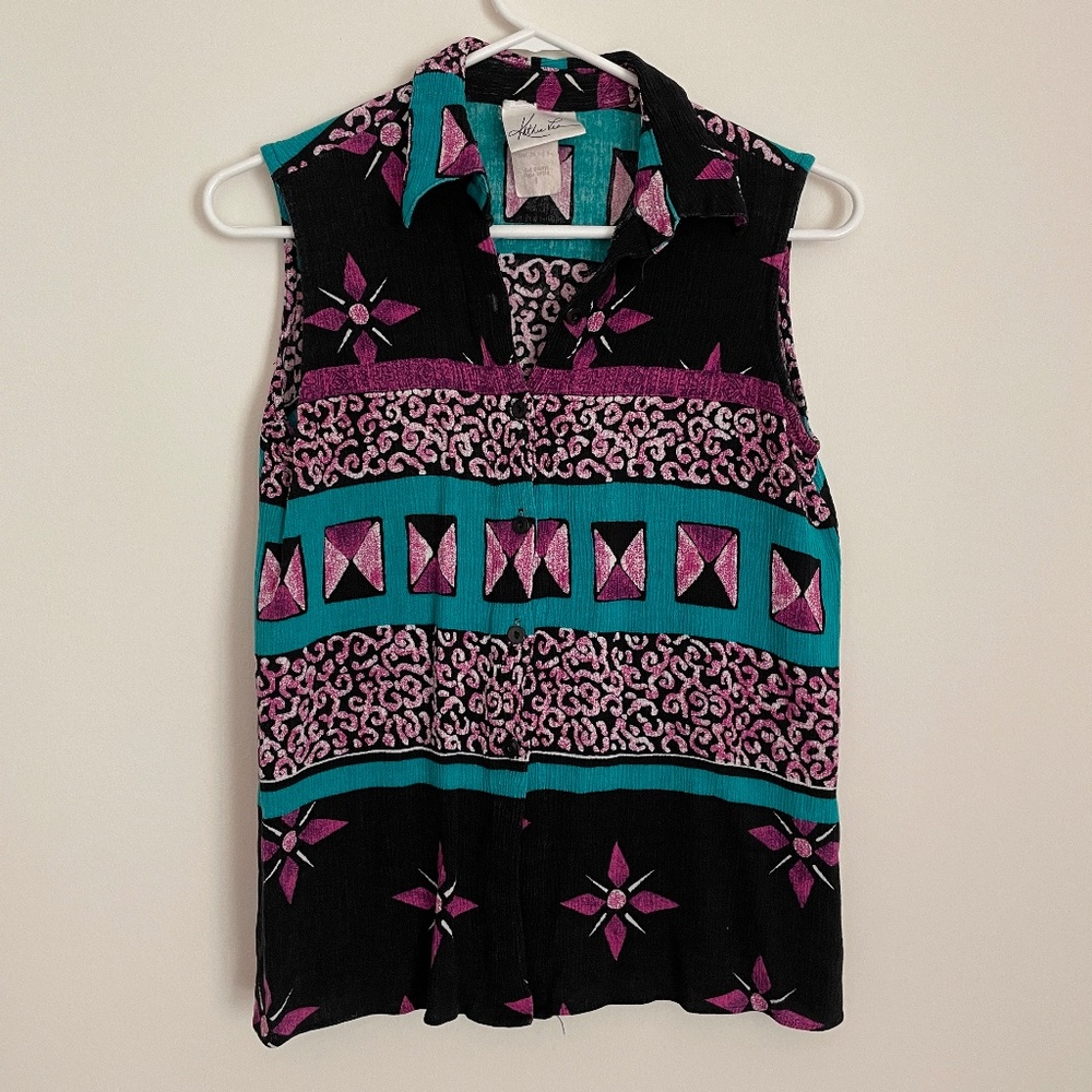 Women's Kathie Lee Vintage Button Up Vest Blouse Turquoise Size Medium